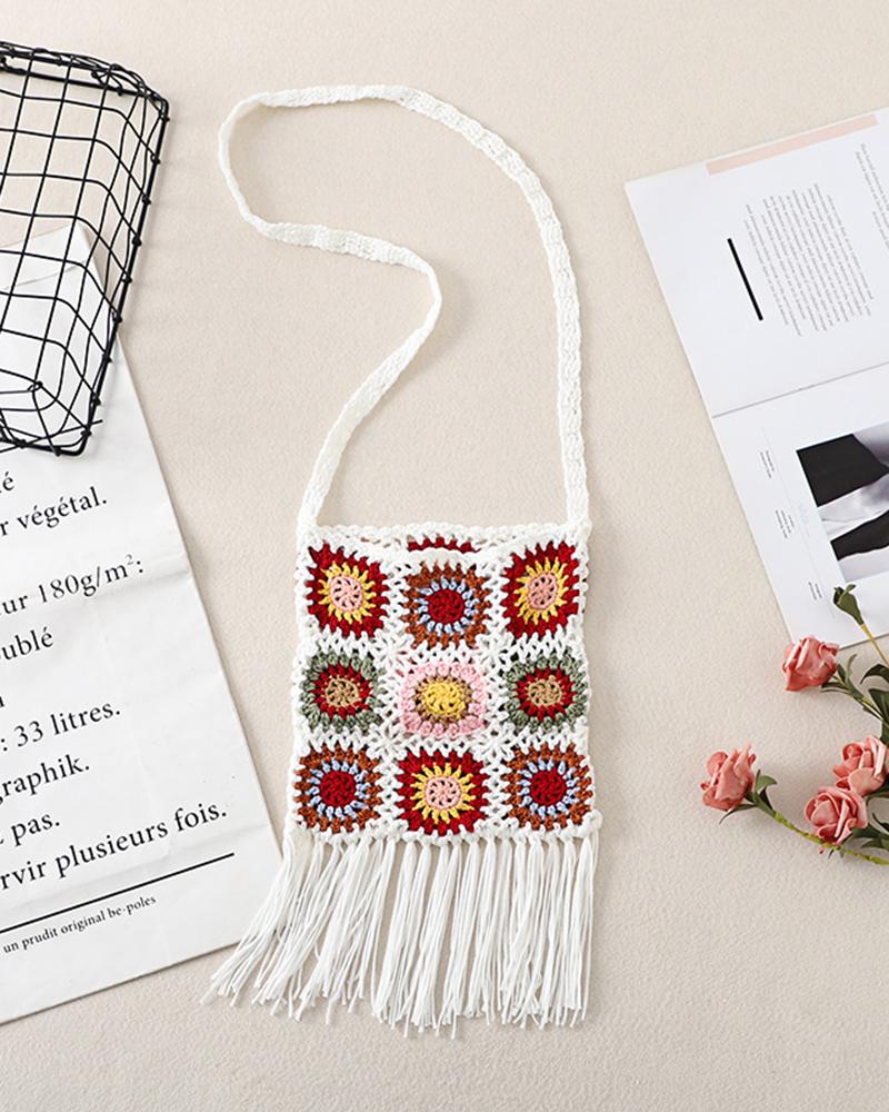 

Geometric Pattern Tassel Design Crochet Shoulder Bag, White