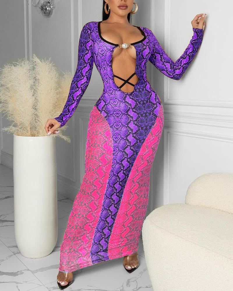 

Snakeskin Print Plunge Long Sleeve Maxi Dress, Purple