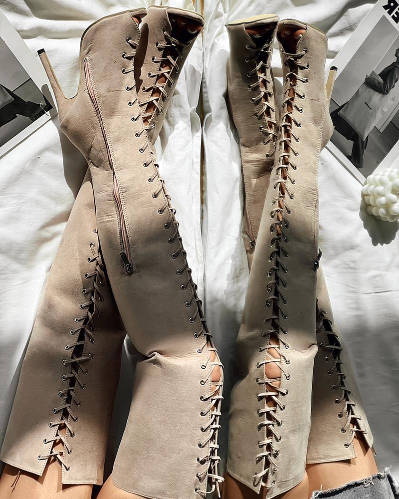 

Lace-up Over The Knee Stiletto Heel Boots, Apricot