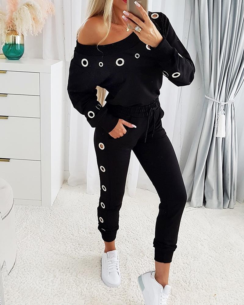 

Skew Neck Long Sleeve Eyelet Top & Pants Set, Black