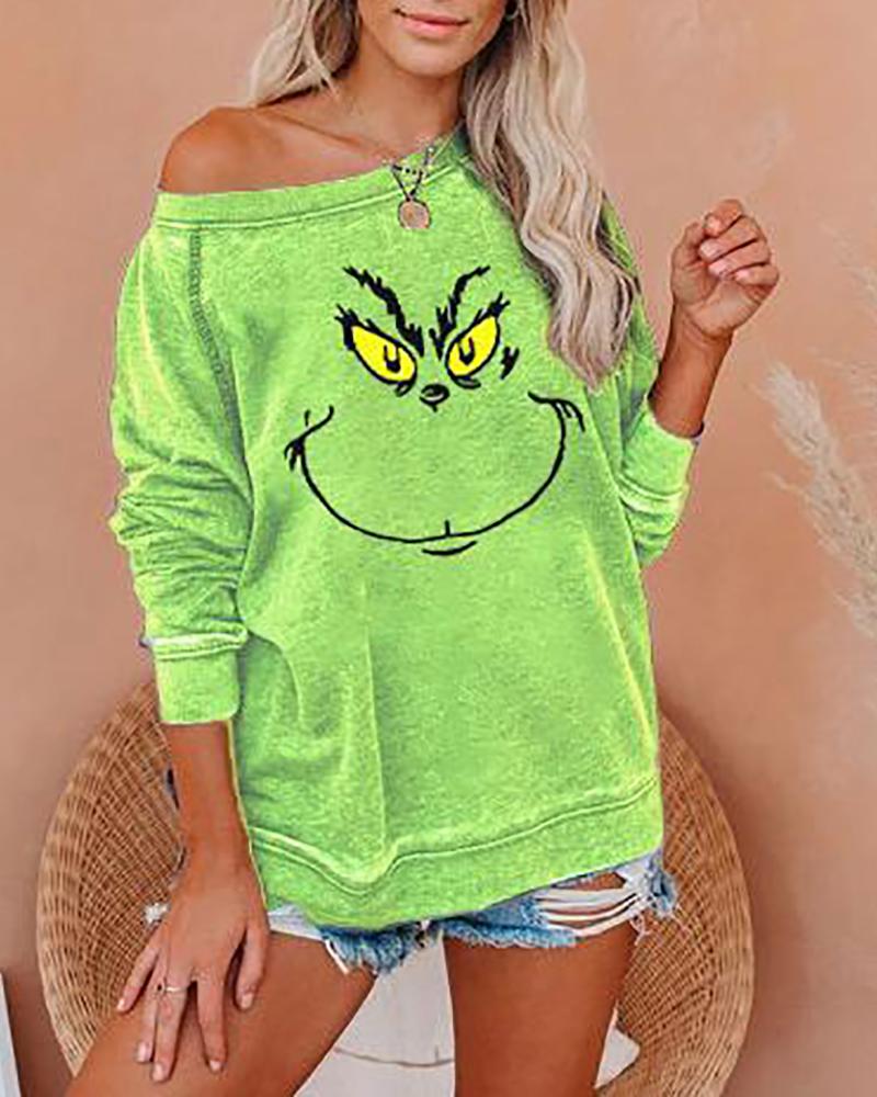 

Christmas Long Sleeve Grinches Print Sweatshirt, Green
