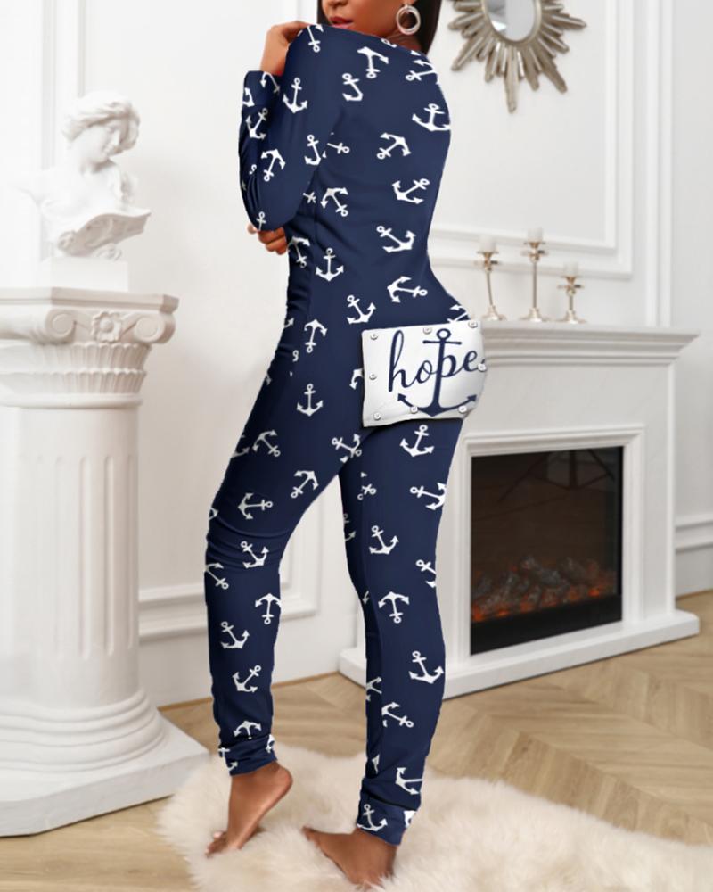 

Boat Anchor Print Functional Buttoned Flap Adults Pajamas, Purplish blue