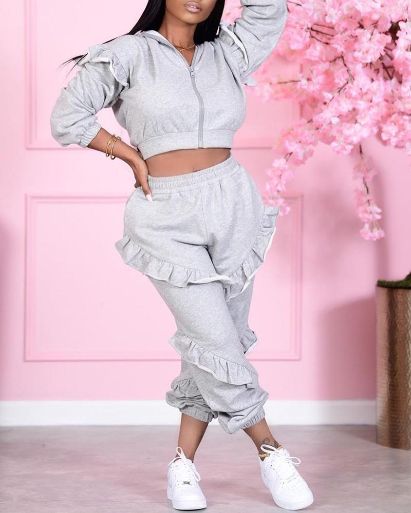 

Ruffles Frill Hem Zip Front Hooded Top & Sweatpants Set, Gray