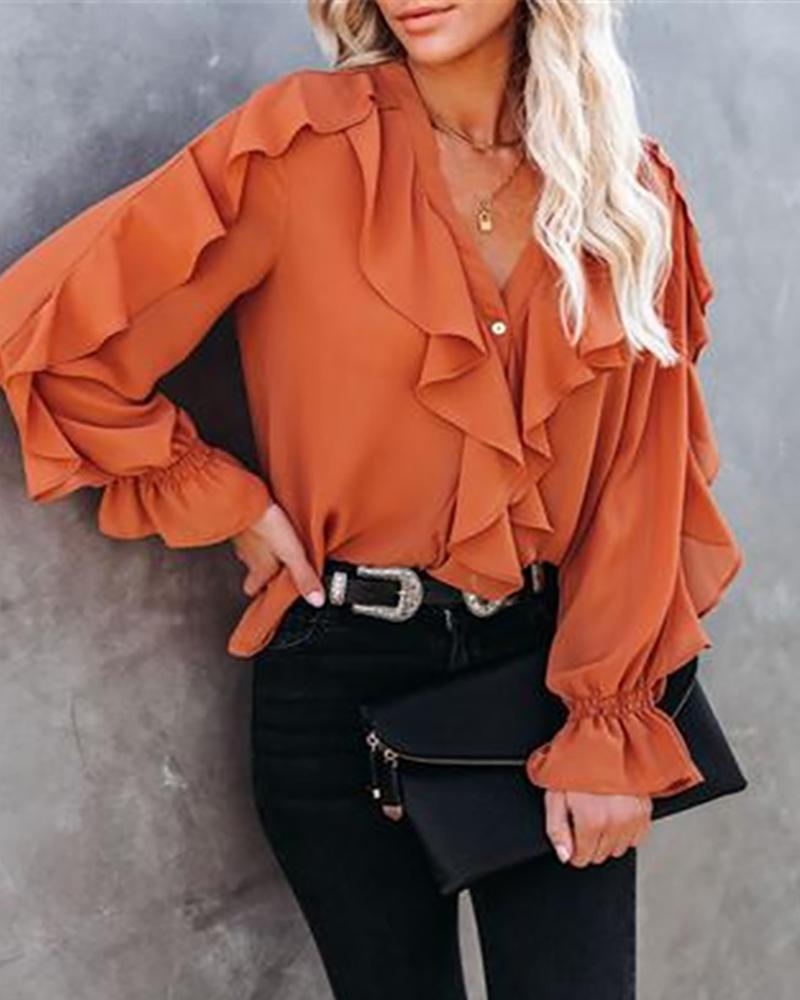 

Ruffle Hem Design Plain V Neck Long Sleeve Top, Orange