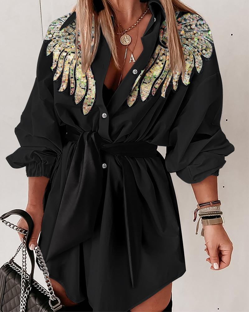 

Sequin Wings Pattern Button Down Shirt Dress Long Sleeve Tied Waist Mini Dress, Black