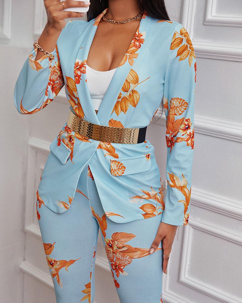 

Floral Print Shawl Collar Flap Detail Blazer & Pants Set, Blue