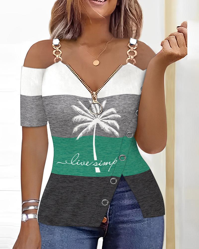 

Coconut Tree Print Striped Colorblock Slit Cold Shoulder Top, Multicolor