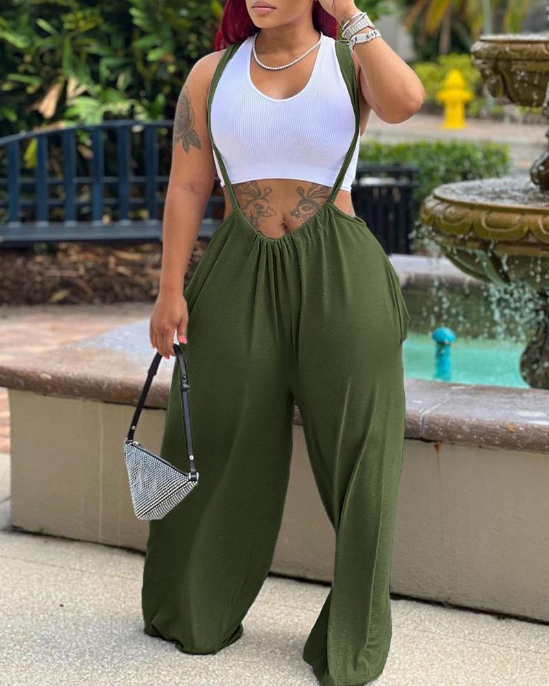 

Plain Wide Leg Suspender Jumpsuit, Army green