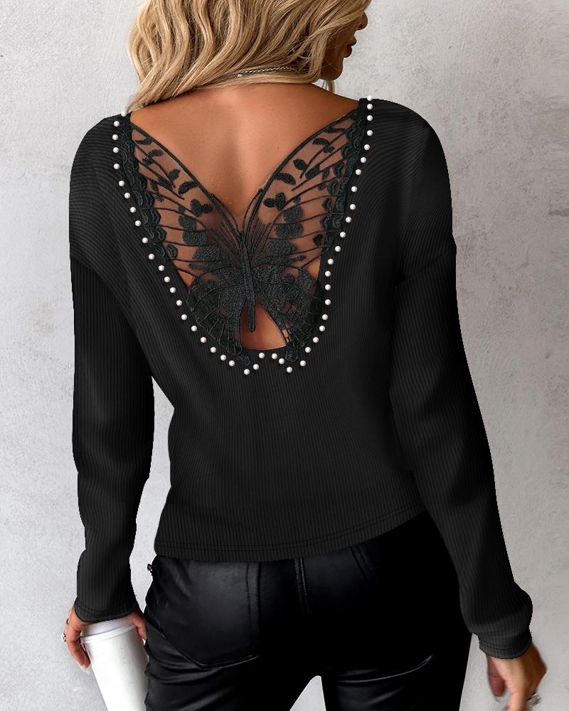 

Butterfly Embroidery Beaded Ribbed Top, Black