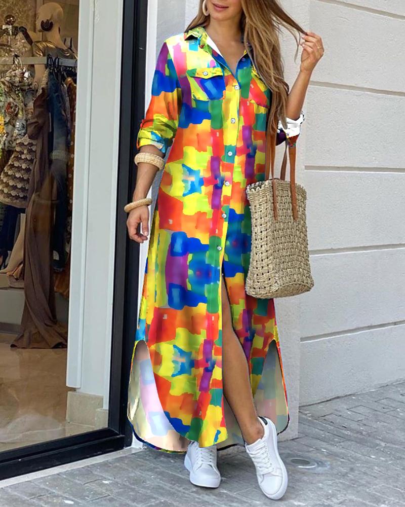 

Colorblock Pocket Design Slit Shirt Dress, Multicolor