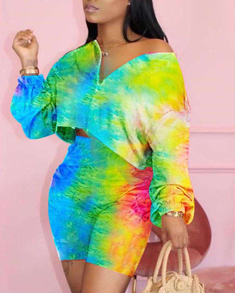 

Tie Dye Print Long Sleeve Casual Top & Shorts Set, Multicolor