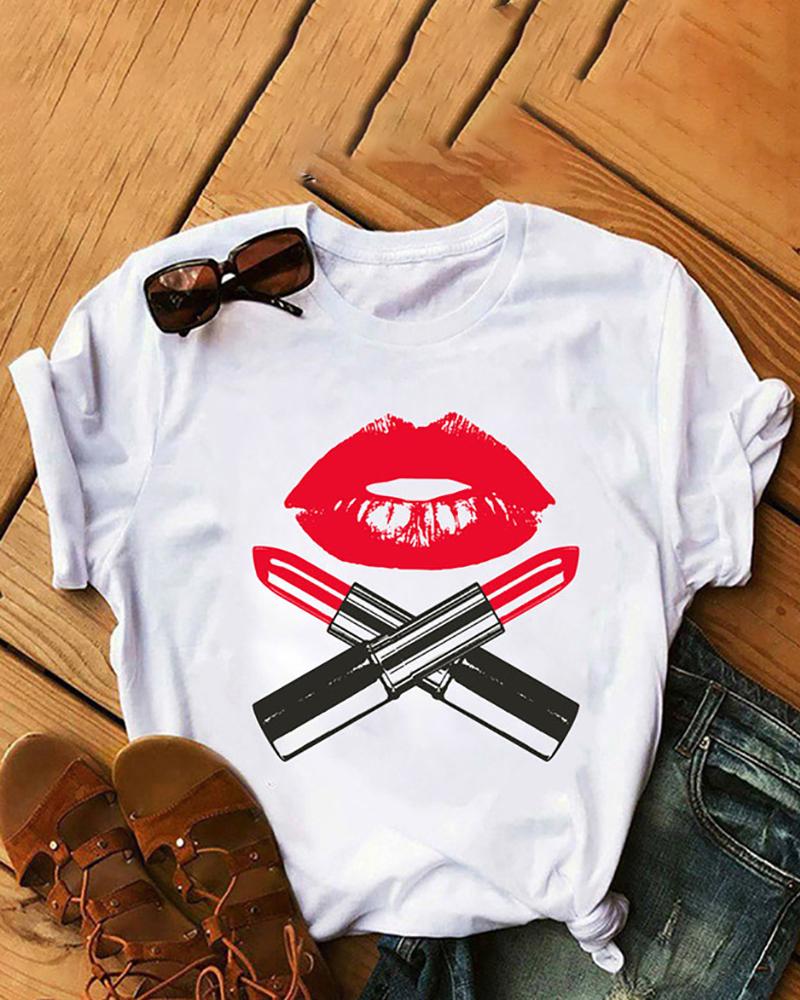 

Short Sleeve Lip Print Casual T-shirt, Style3