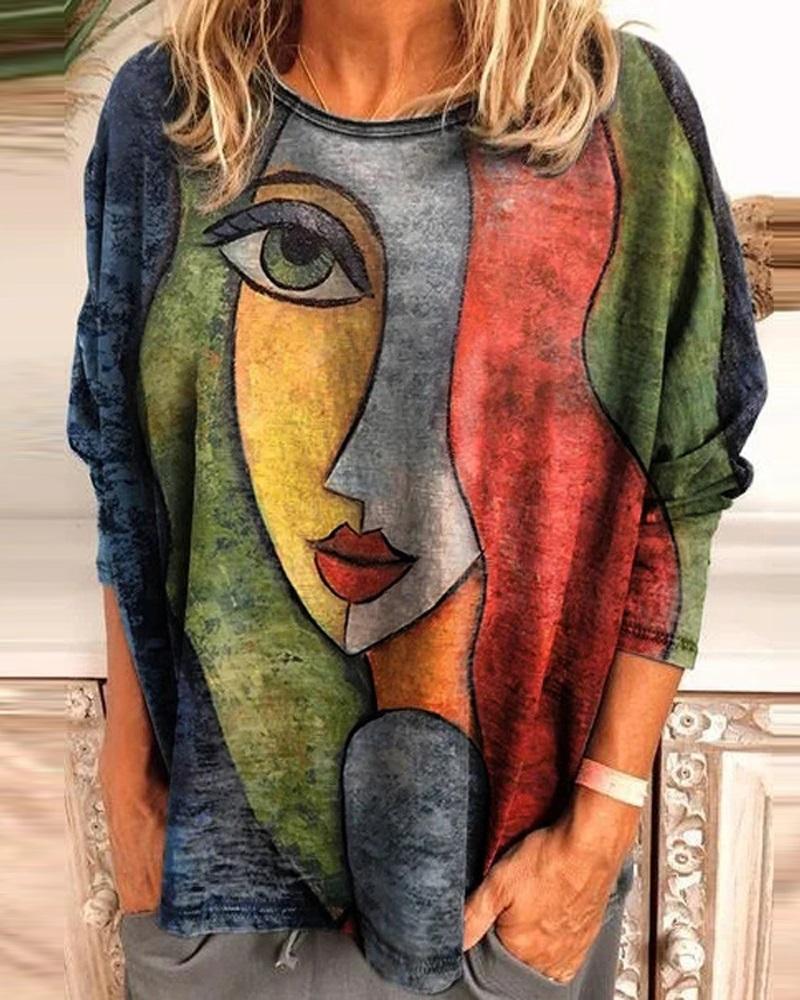 

Abstract Figure Print Long Sleeve Top, Multicolor