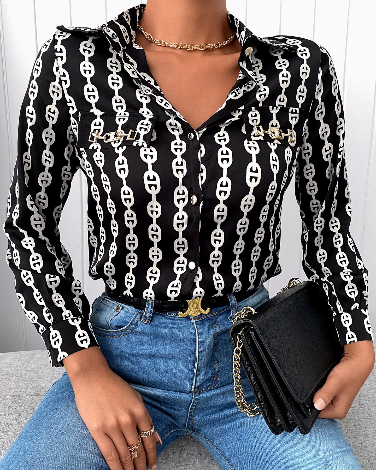 

Chain Pattern Print Long Sleeve Buttoned Shirt, Black