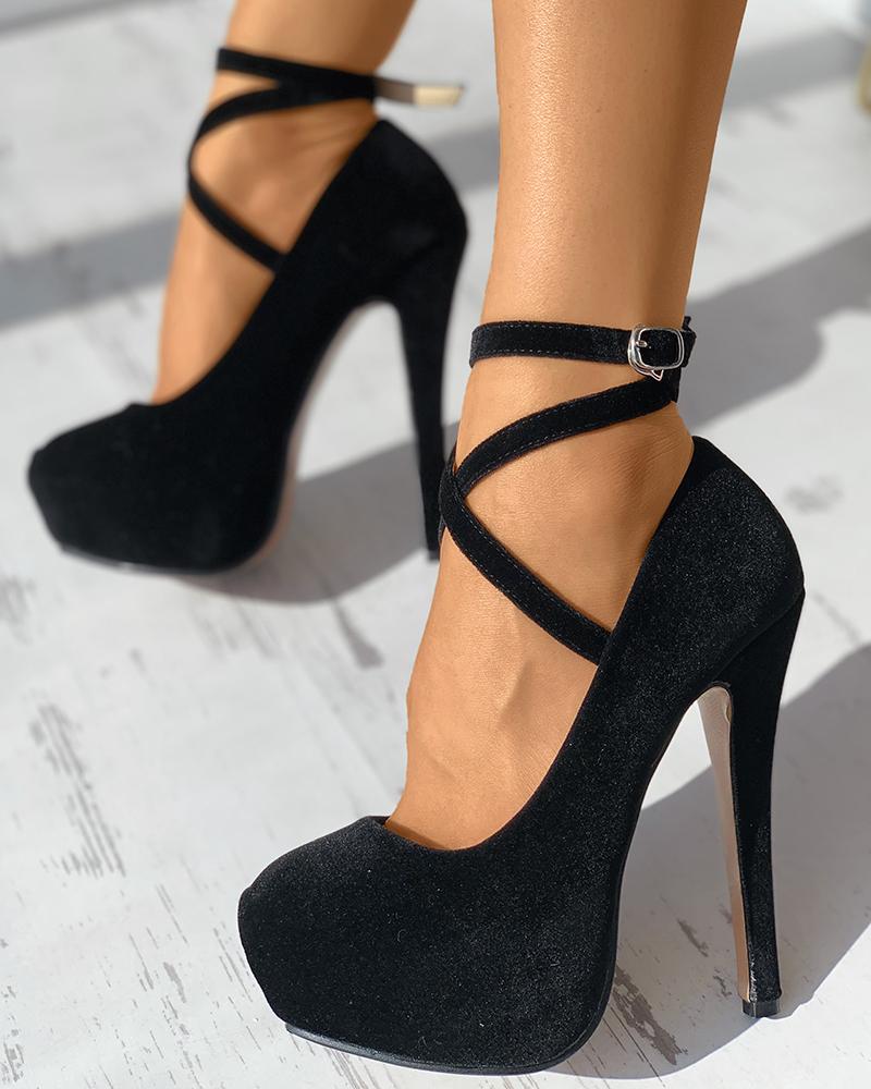 

Platform Bandage Buckled Platform Stiletto Heels, Black
