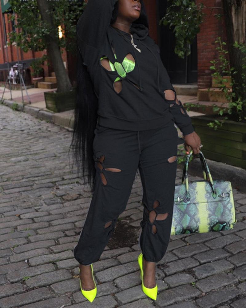 

Cutout Long Sleeve Hoodie & Drawstring Pants Set, Black