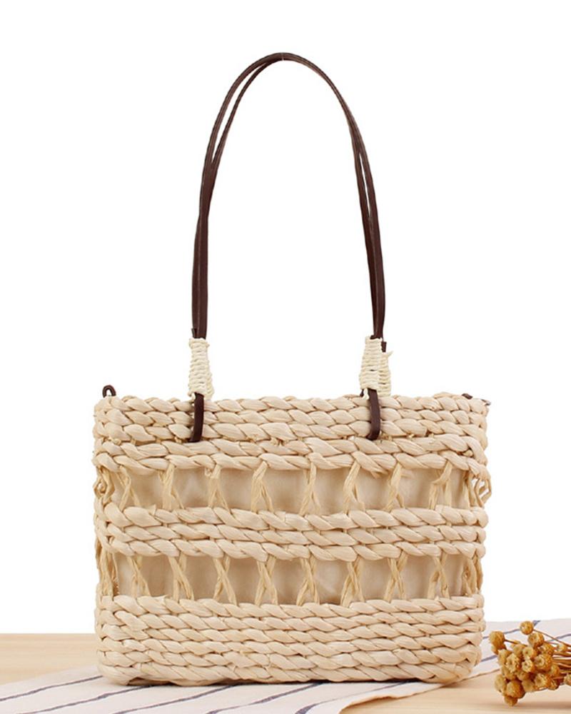 

Hollow Out Satchel Straw Bag, Beige