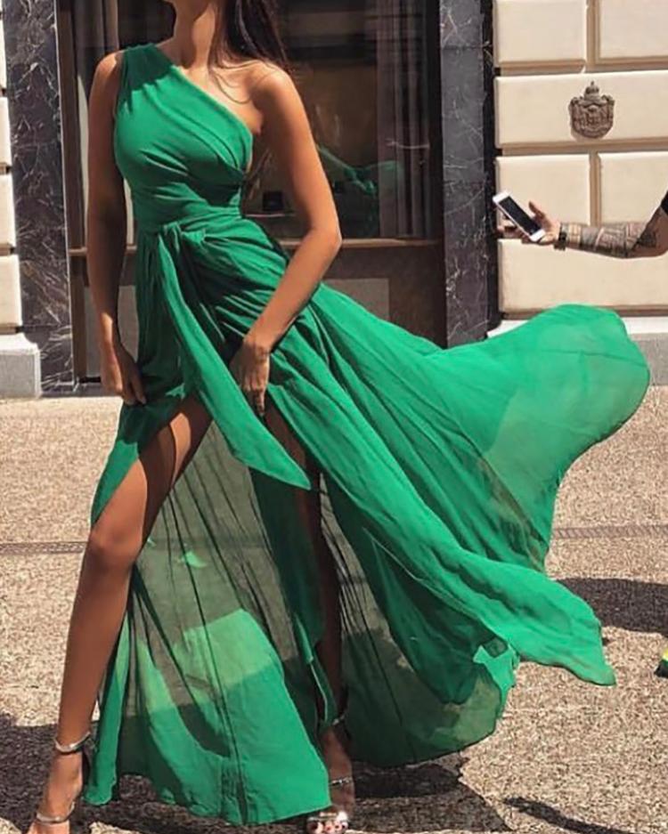 

One Shoulder Tie Waist High Slit Maxi Dress, Green