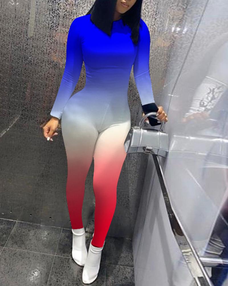 

Gradient Colorblock Long Sleeve Skinny Jumpsuit, Blue