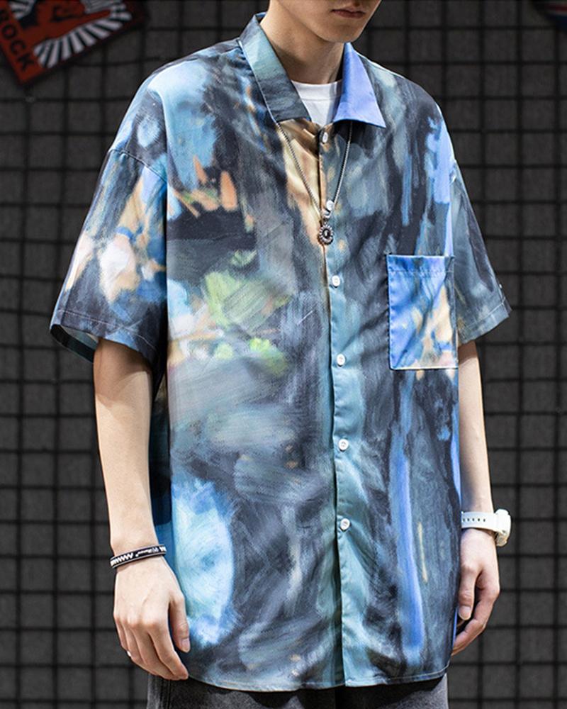 

Tie Dye Short Sleeve Loose Button-up Overshirt Shirts, Black