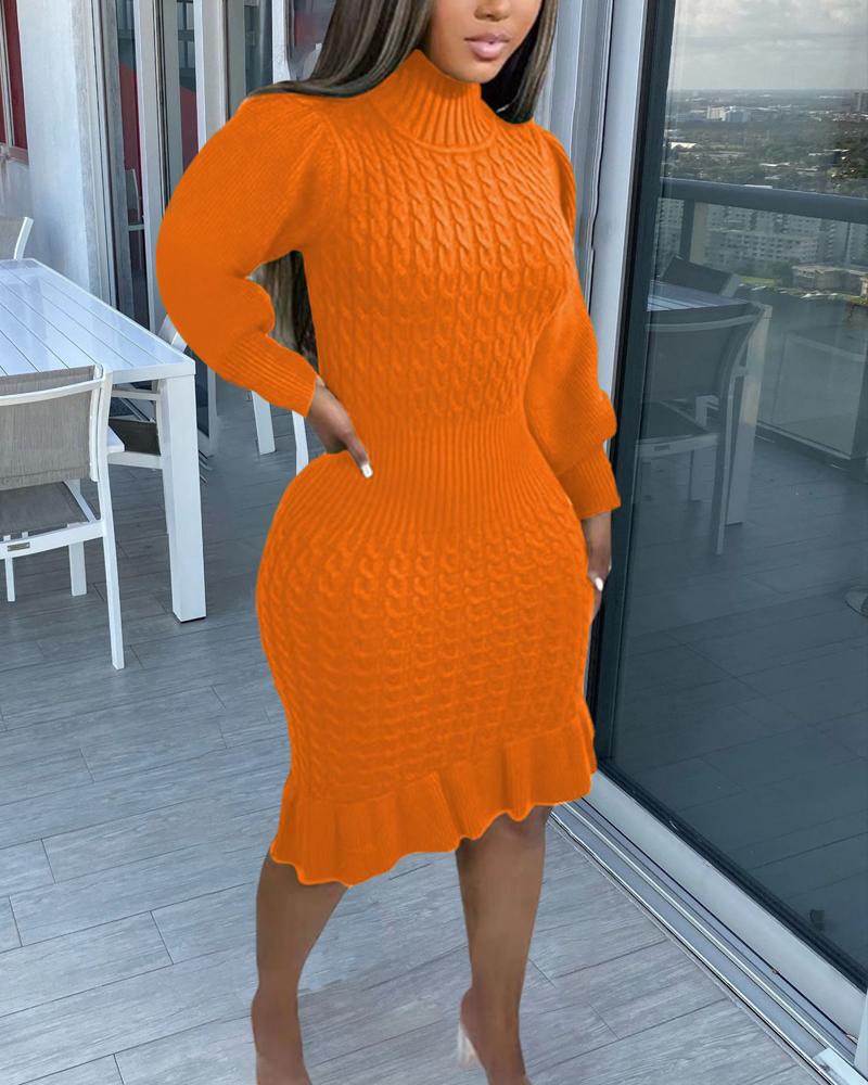 

Puff Sleeve Ruffle Hem Cable Knit Sweater Dress, Orange