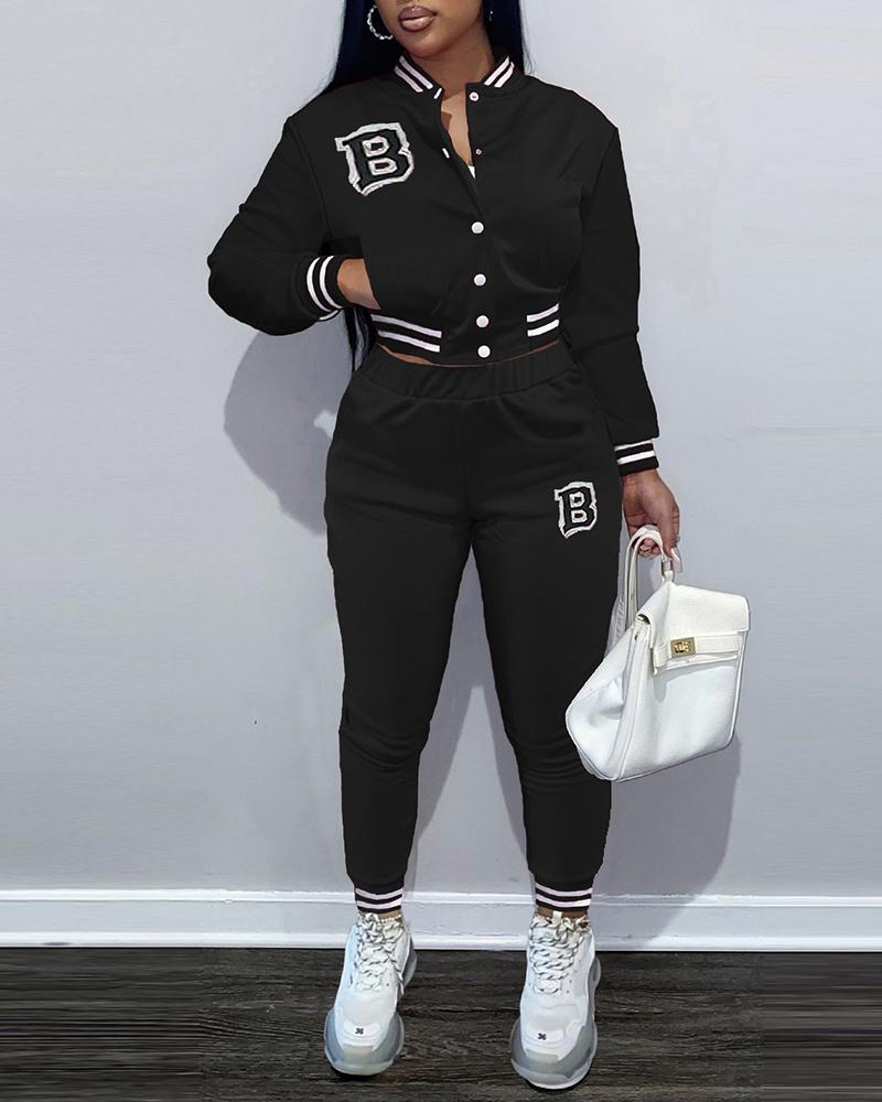 

Letter Pattern Striped Baseball Jacket & High Waist Pants Set, Black