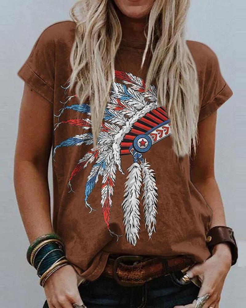 

Graphic Print Short Sleeve Casual T-shirt, Brown