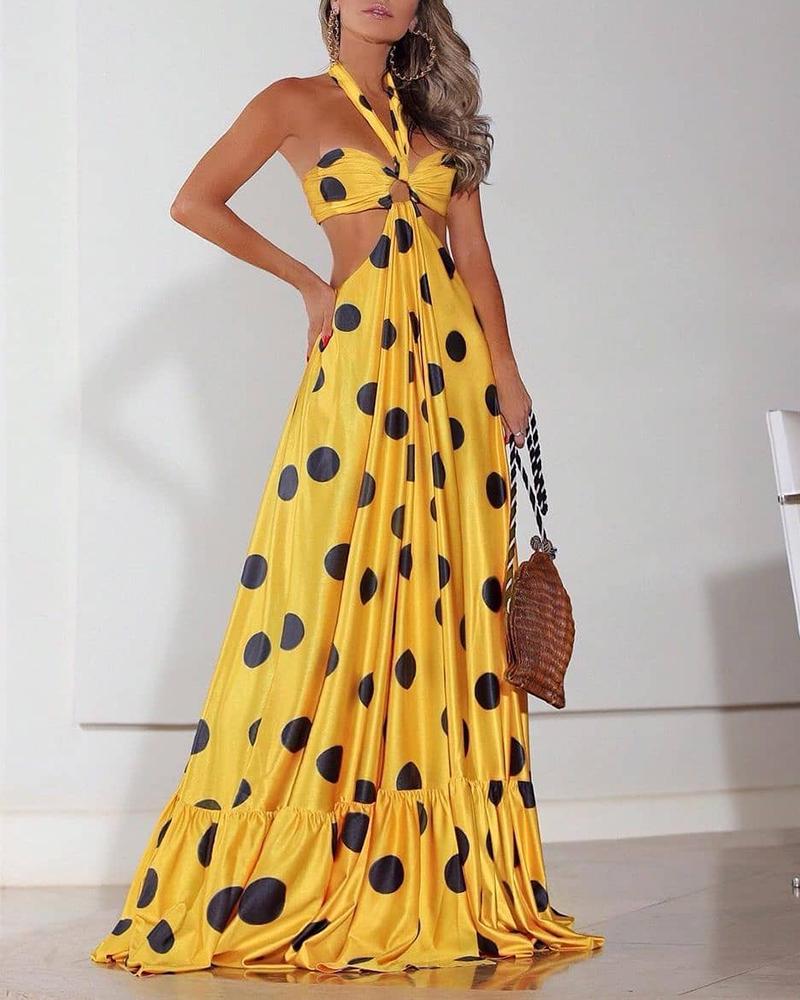 

Halter Backless Cutout Polkadot Print Maxi Dress, Yellow