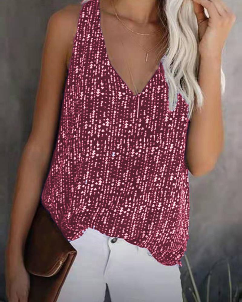 

All Over Print Thick Strap V Neck Top, Red