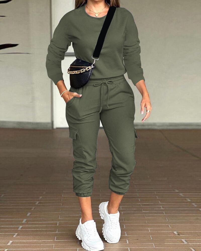 

Round Neck Top & Drawstring Cuffed Pants Set, Green