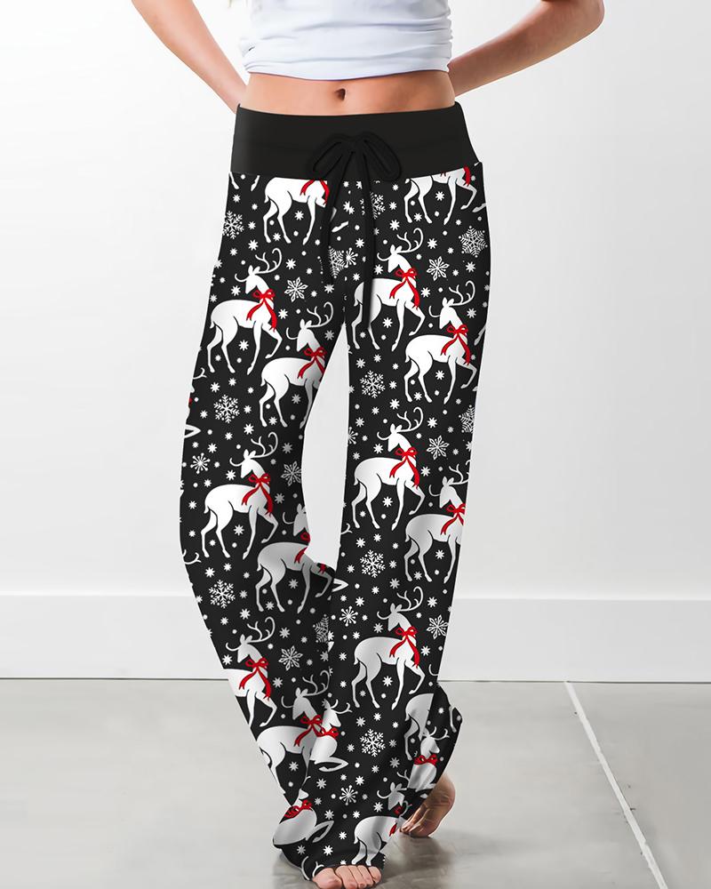 

Christmas Drawstring Elk Snowflake Print Wide Leg Pants, Black