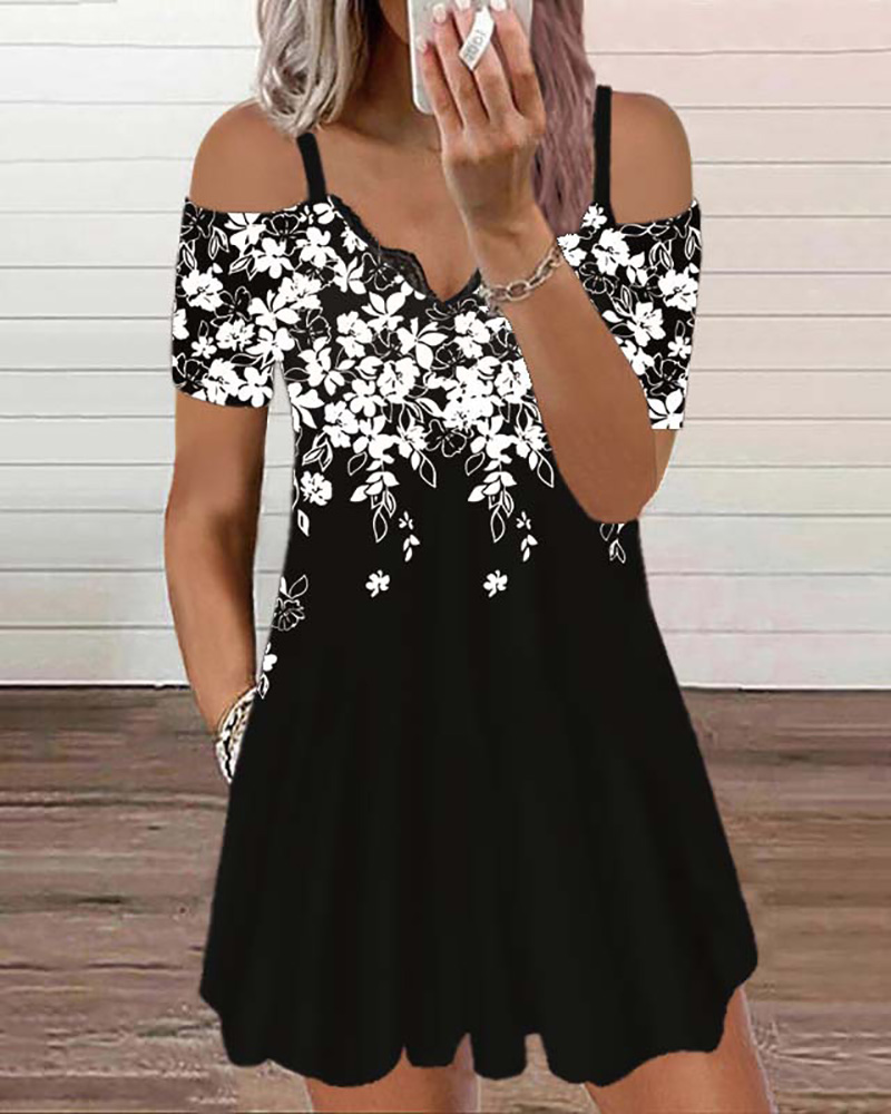 

Floral Print Cold Shoulder Casual Dress, White