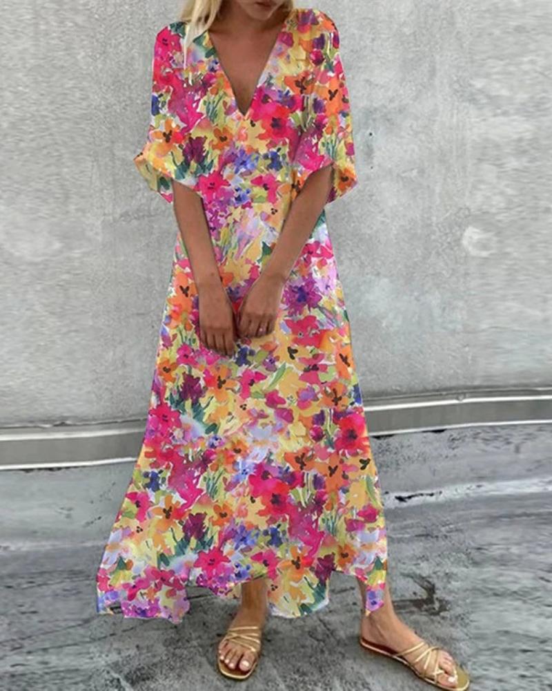 

Floral Print Half Sleeve V-Neck Maxi Dress, Multicolor