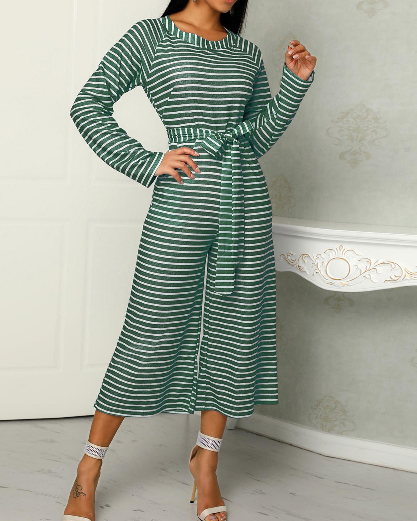 

Striped Long Sleeve Tied Waist Pocket Jumpsuits, Green