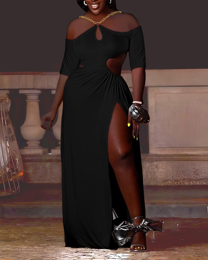 

Cold Shoulder Chain Decor Slit Maxi Dress, Black