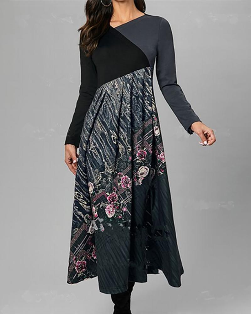 

Scarf Floral Print Long Sleeve Casual Dress, Black