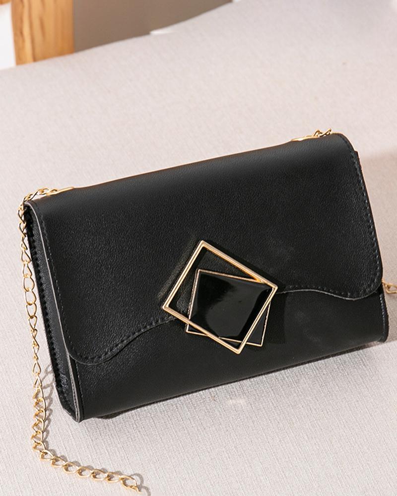 

Geo Lock Chain Strap Flap Shoulder Bag, Black