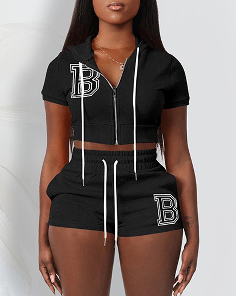 

Letter Pattern Zipper Fly Hooded Top & Shorts Set, Black