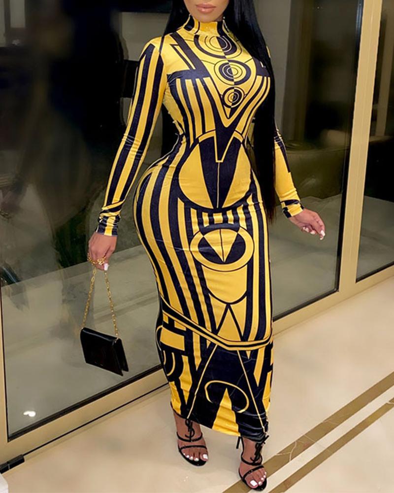 

Printing Long Sleeve Skinny Bandage Dress, Yellow