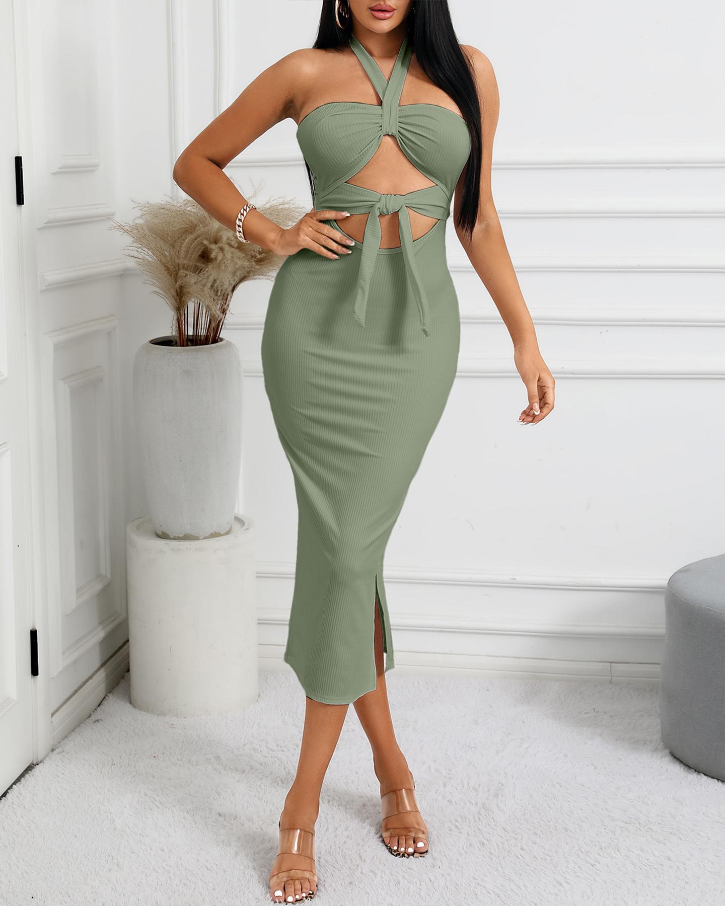 

Solid Color Backless Cut-out Halter Sleeveless Knitted Maxi Dress, Green