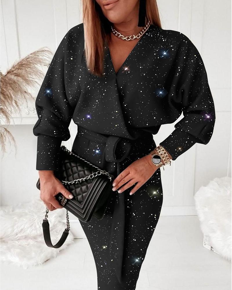 

Glitter Lantern Sleeve Belted Wrap Sweatshirt Dress, Black