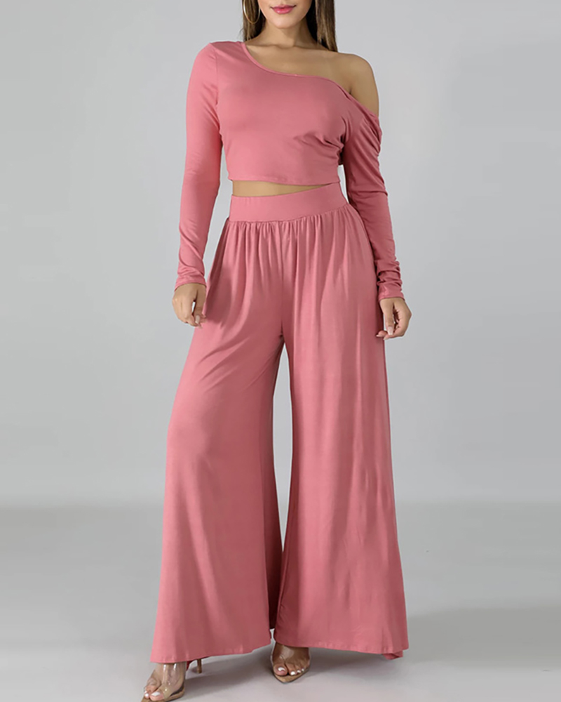 

Long Sleeve Crop Top & High Waist Wide Leg Pants Set, Pink