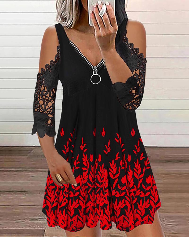 

Lace Patch Cold Shoulder Plant Print Dress, Red