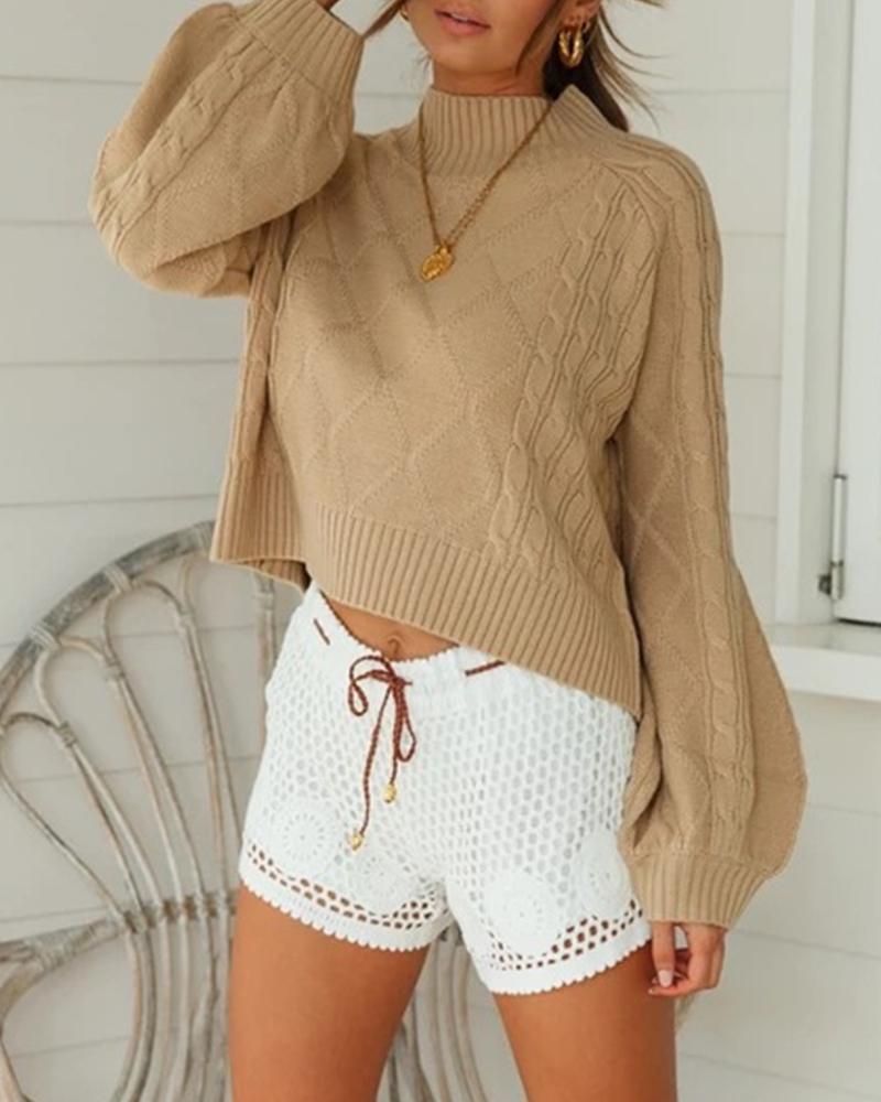 

Casual Solid Cozy Lantern Sleeve Sweater, Khaki