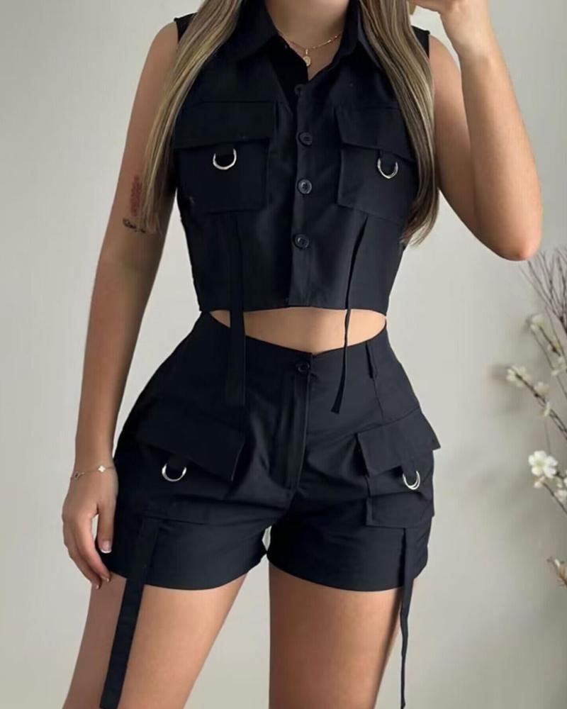 

Turn-down Collar Buttoned Pocket Design Top & Shorts Set, Black