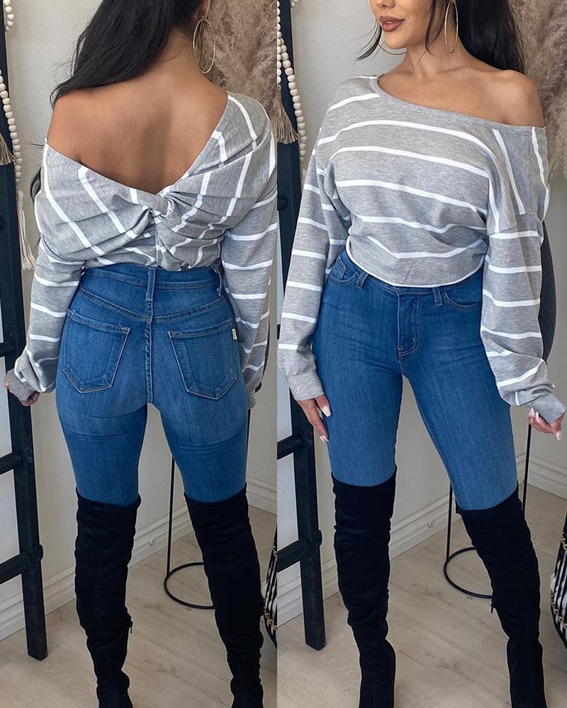 

Striped Twist Back Long Sleeve Top, Gray