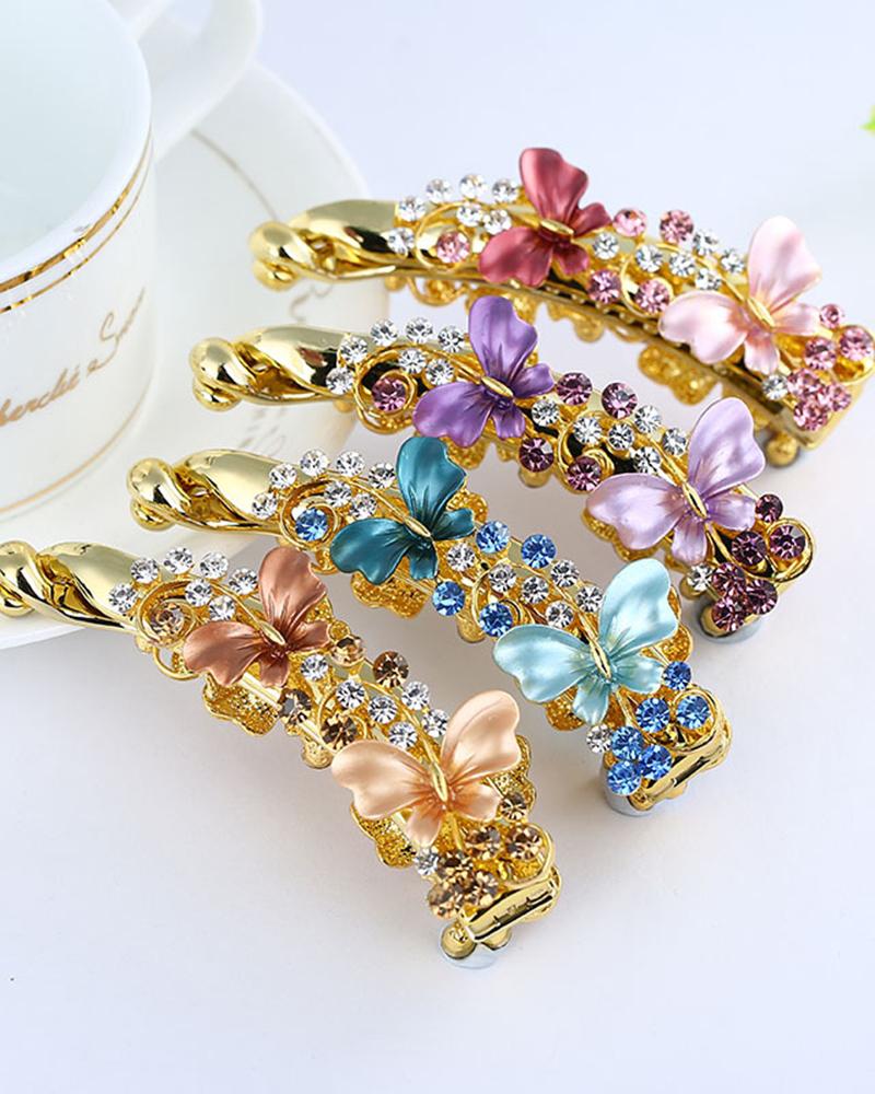 

Women's Rhinestone Ponytail Bow Hairpin Paint Double Butterfly Banana Hair Clip, Blue