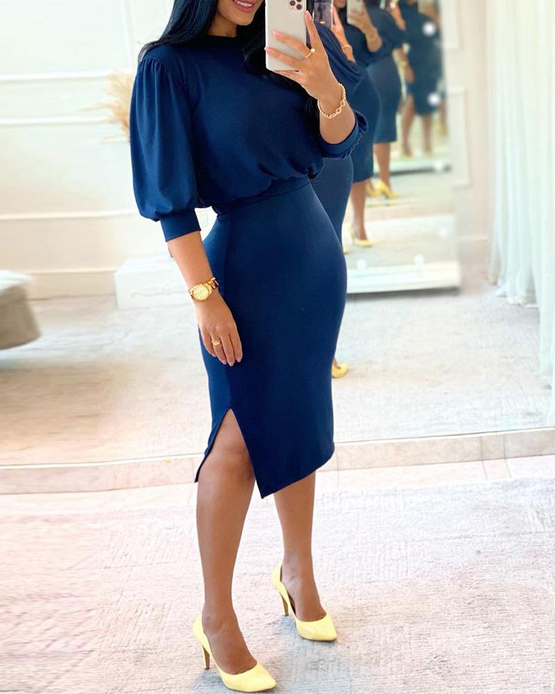 

Puff Sleeve O-neck Top & Slit Skirt Set, Dark blue