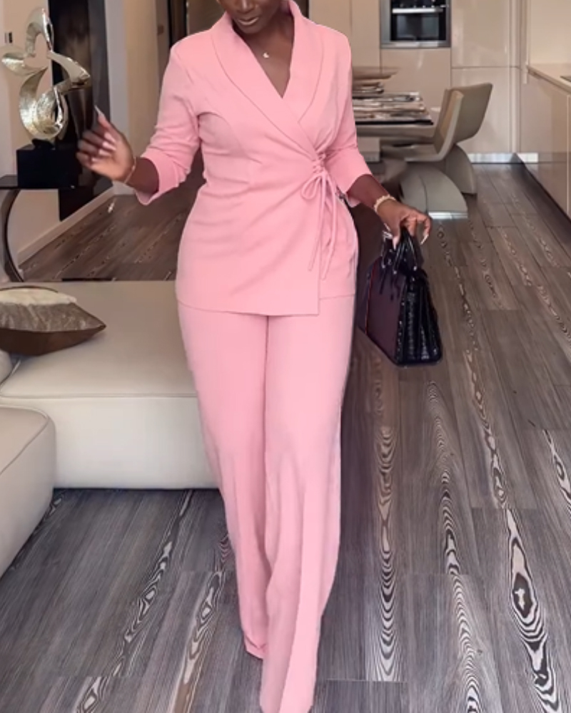 

Conjunto de 2 peças com sobreposição de gola xale, cadarço lateral, casaco com cintura elástica e calças largas, conjunto de blazer casual, Pink