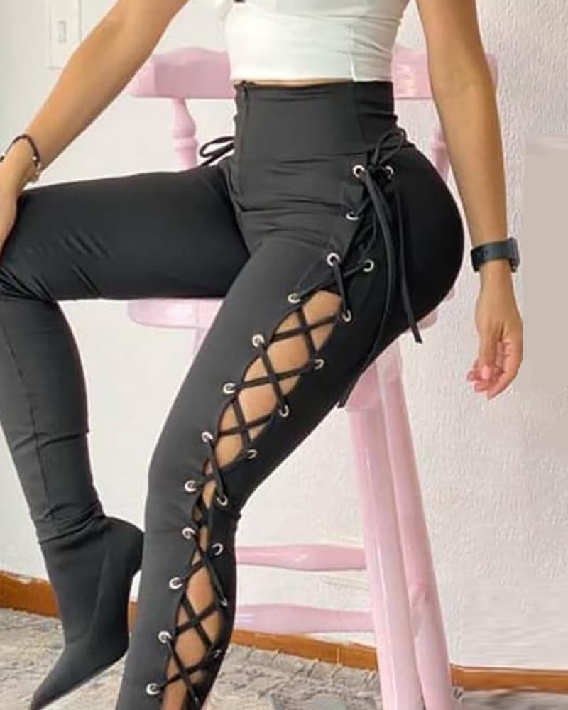 

High Waist Eyelet Lace-up Skinny Pants, Black